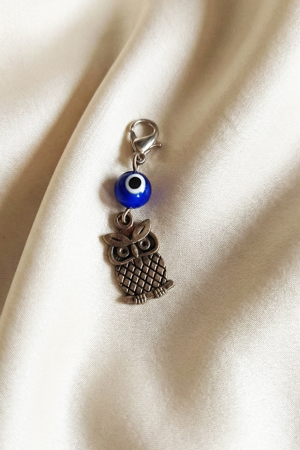 Antique Silver Textured Owl Charm Clip with Evil Eye Bead