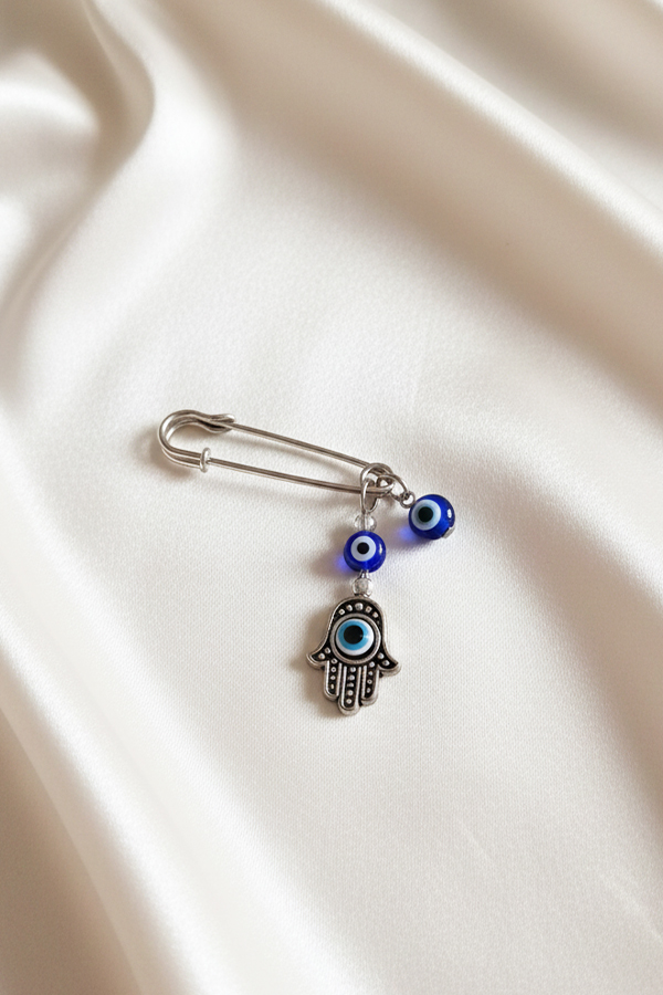 Protective Silver Hamsa Hand & Evil Eye Safety Pin Brooch