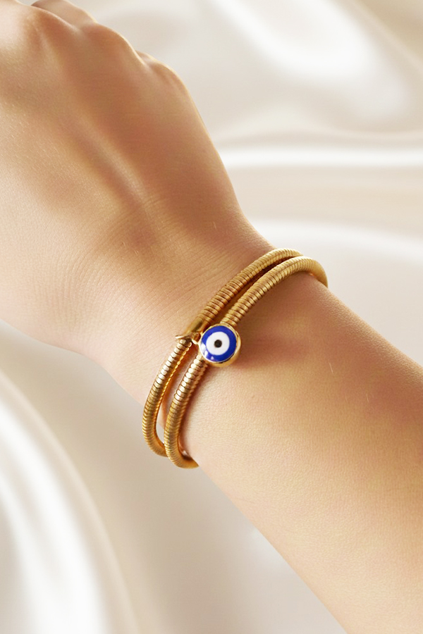 Chic Gold Coil Wrap Bangle with Mini Evil Eye Charm