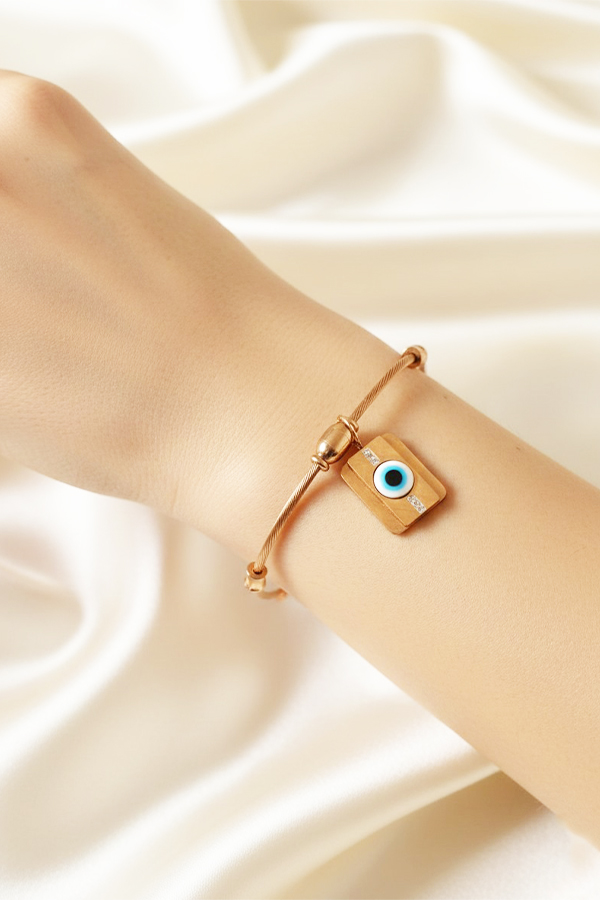 Chic Gold Cable Cuff Bangle with Rectangular Crystal & Evil Eye Charm