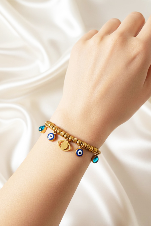 Luxurious Gold Wire Charm Bangle with Blue Crystals & Evil Eye Motifs