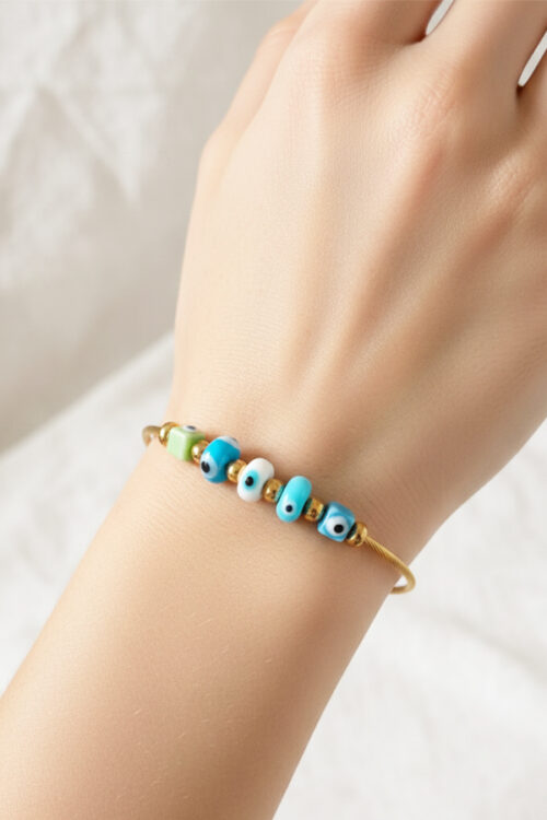 Chic Gold Cable Bangle with Multi-Colored Glass Evil Eye Beads