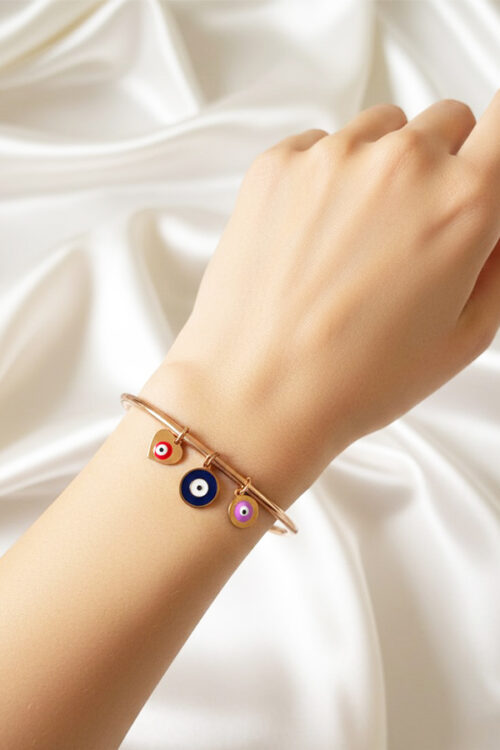 Chic Rose Gold Open Cuff Bangle with Trio of Colorful Evil Eye Charms