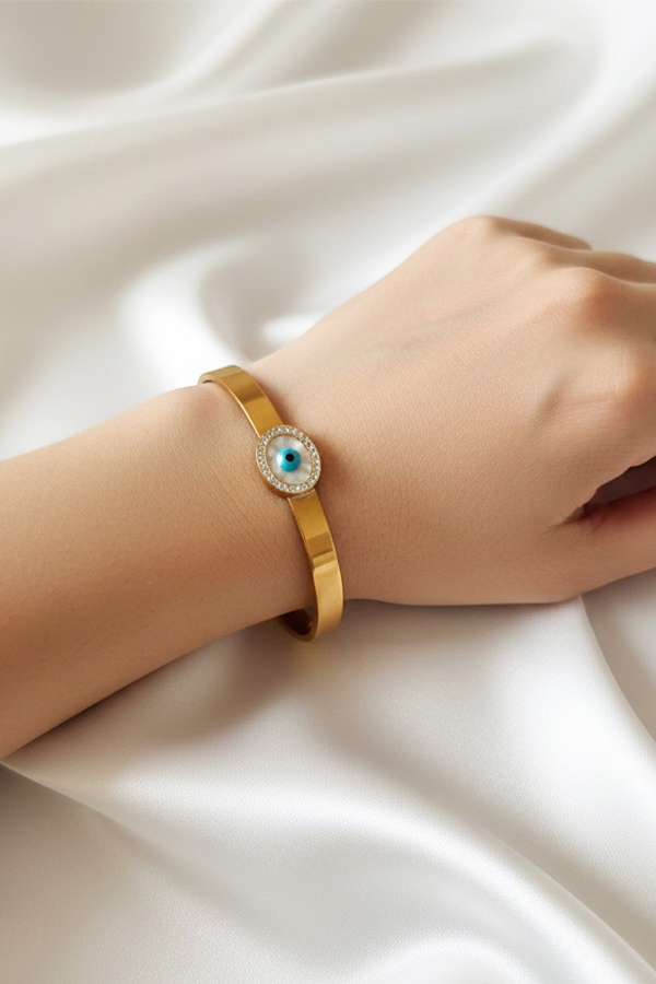 Elegant Satin Gold Cuff Bangle with Pave Crystal & Mother-of-Pearl Evil Eye