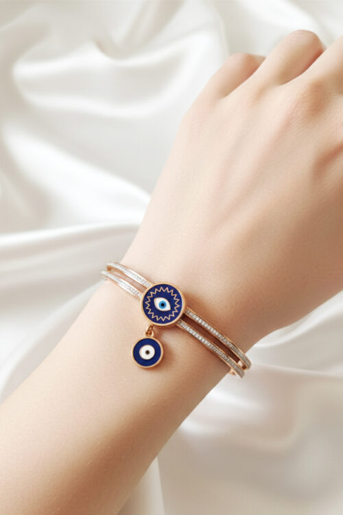 Luxurious Rose Gold Double-Band Bangle with Crystal Pave & Dangle Evil Eye