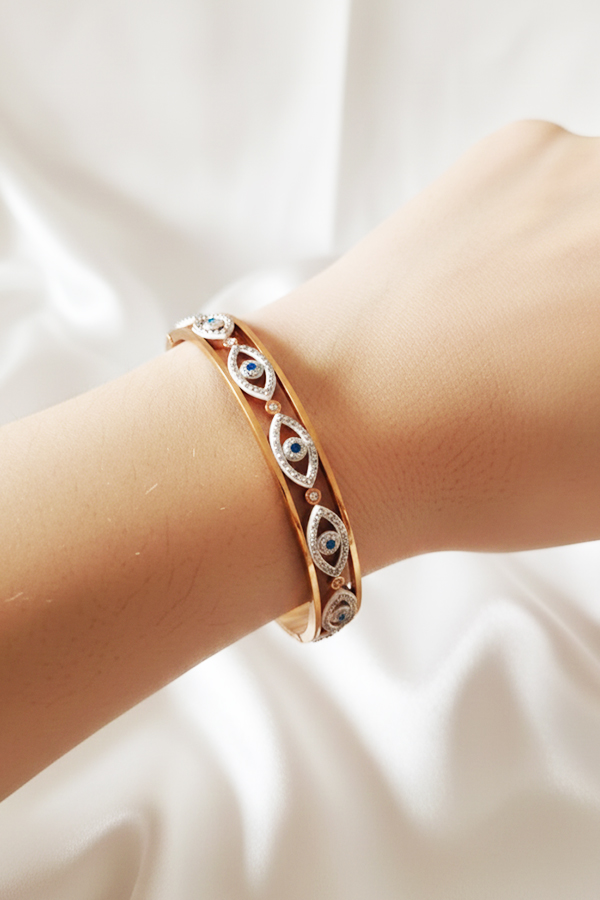 Elegant Rose Gold Cutout Bangle with Pave Crystal Evil Eye Motifs