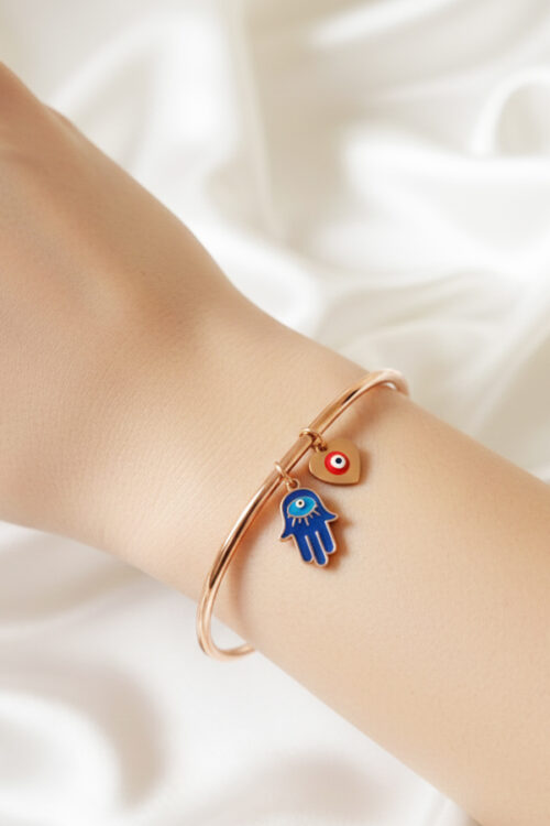 Chic Rose Gold Open Cuff Bangle with Hamsa Hand & Red Heart Evil Eye Charms
