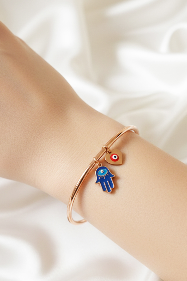 Chic Rose Gold Open Cuff Bangle with Hamsa Hand & Red Heart Evil Eye Charms