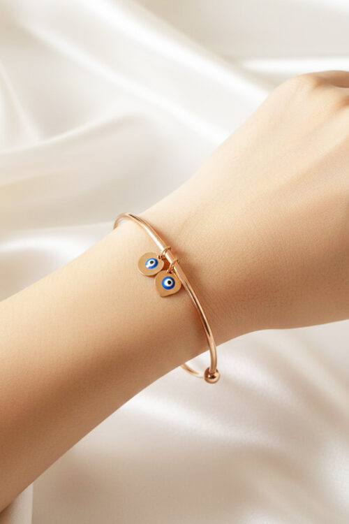 Minimalist Rose Gold Open Cuff Bangle with Dual Heart & Round Evil Eye Charms