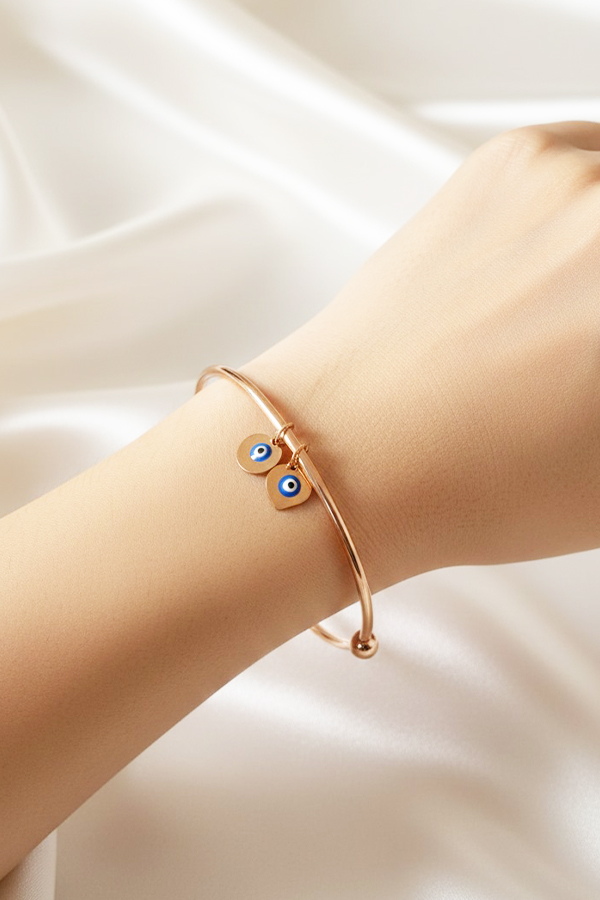 Minimalist Rose Gold Open Cuff Bangle with Dual Heart & Round Evil Eye Charms