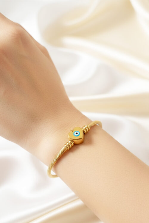 Chic Gold Twisted Cable Cuff Bangle with Heart Evil Eye Charm