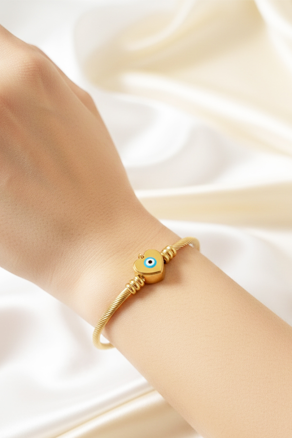 Chic Gold Twisted Cable Cuff Bangle with Heart Evil Eye Charm