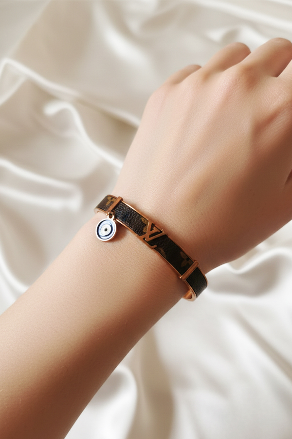 Rose Gold Monogram-Style Cuff Bangle with Evil Eye Charm