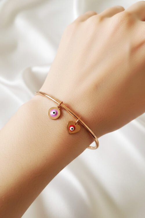 Chic Rose Gold Open Cuff Bangle with Purple & Red Heart Evil Eye Charms