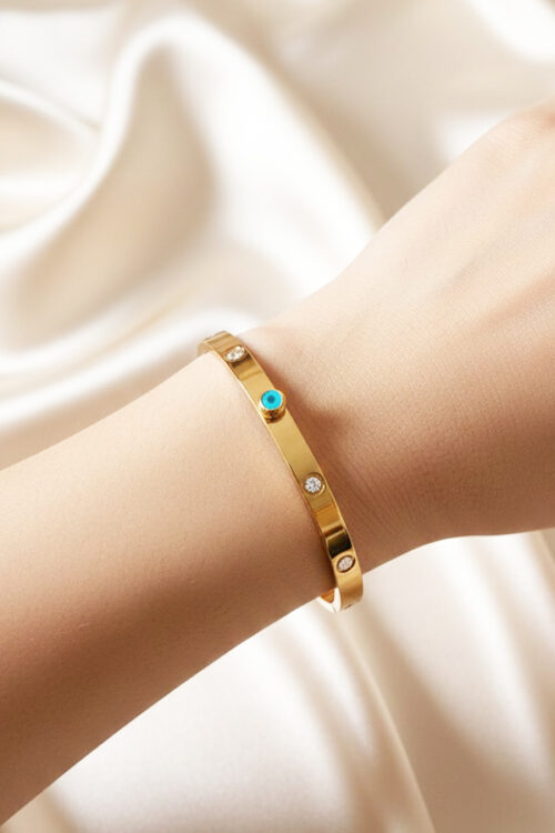 Classic Gold Screw-Style Bangle with Crystal Accents & Turquoise Evil Eye