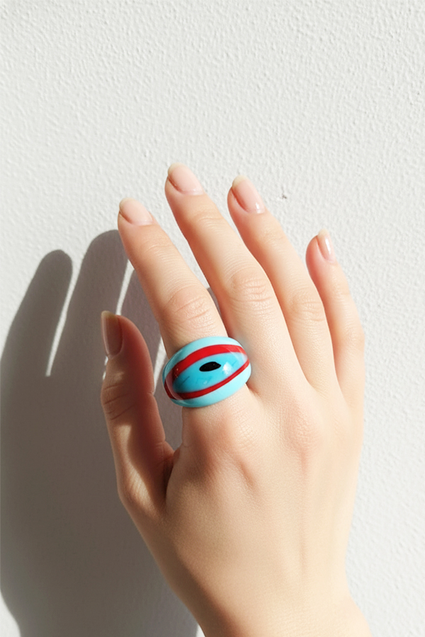 Aqua Blue & Burgundy Enamel Band Ring with Modern Evil Eye Detail