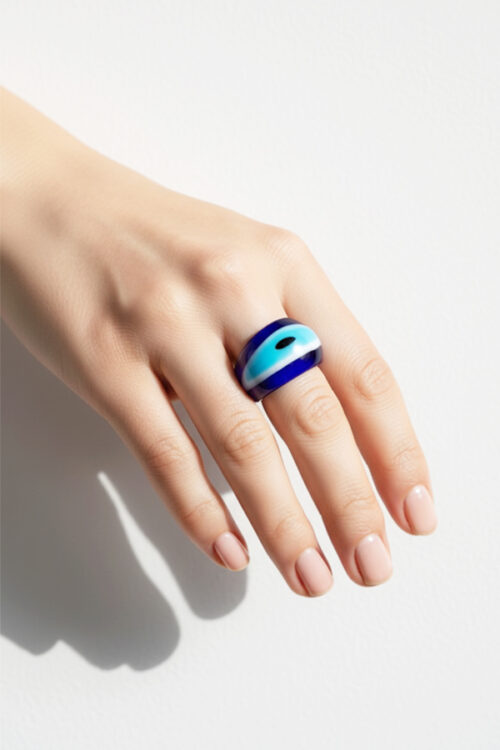 Bold Navy & Aqua Resin Evil Eye Statement Ring
