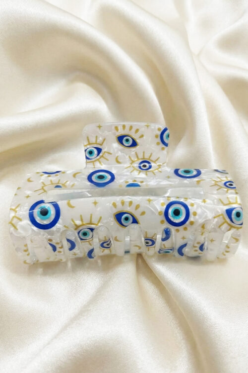 Chic Pearlescent White Acetate Hair Claw Clip with Gold & Blue Evil Eye Pattern