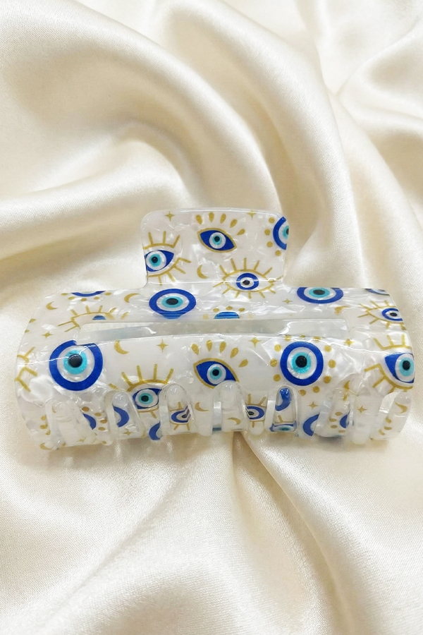 Chic Pearlescent White Acetate Hair Claw Clip with Gold & Blue Evil Eye Pattern