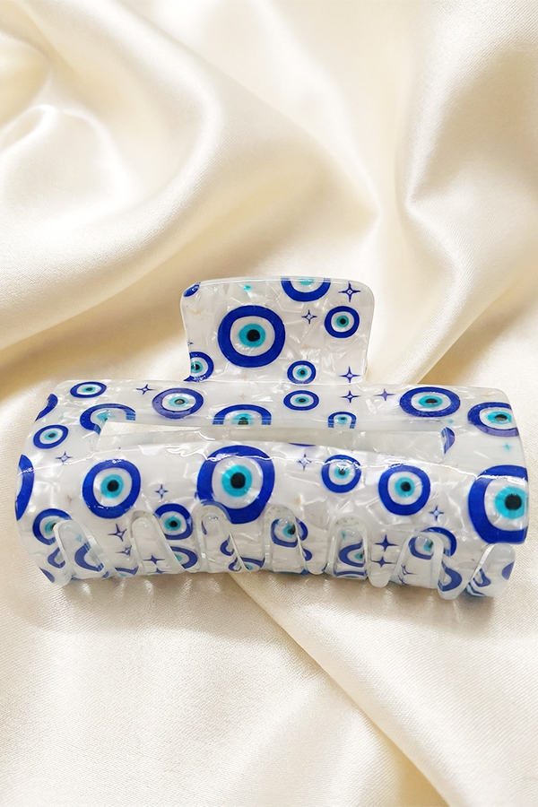 Trendy Pearlescent Acetate Hair Claw Clip with Blue Evil Eye Pattern