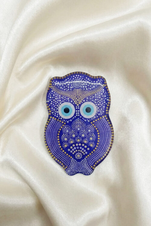 Artistic Blue Owl Fridge Magnet with Evil Eye & Dot Mandala Design