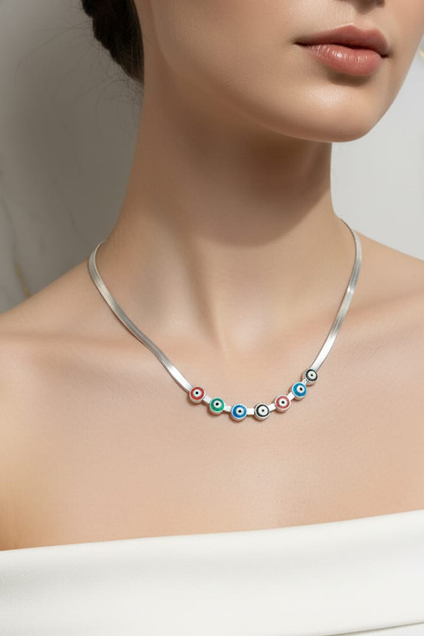 Chic Silver Snake Chain Necklace with Colorful Evil Eye Charms