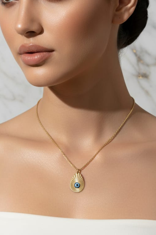 Chic Gold Teardrop Evil Eye Pendant Necklace with Sunburst Detail