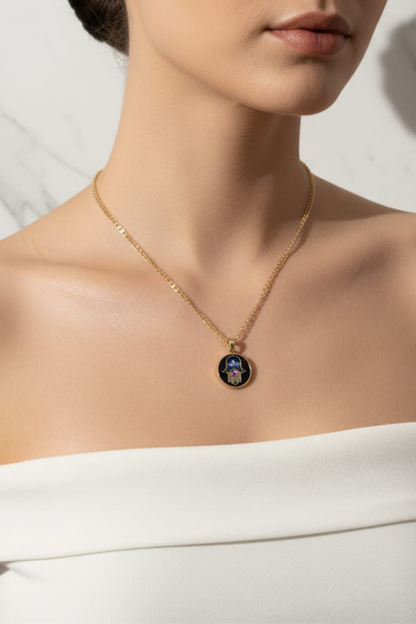Bold Gold Hamsa Hand & Evil Eye Medallion Necklace