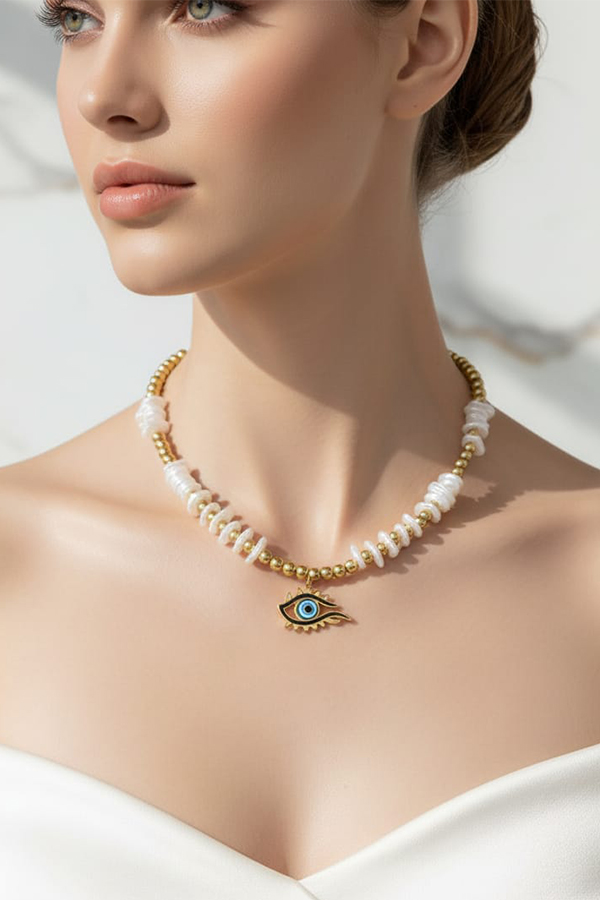 Bohemian Pearl & Gold Beaded Evil Eye Statement Necklace