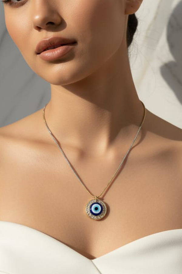 Luxurious Two-Tone Evil Eye Pendant Necklace with Pave Crystal Halo