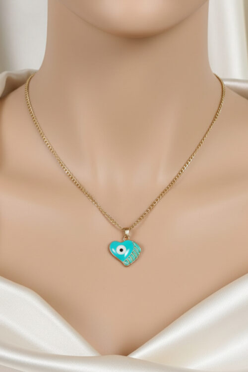 Charming Gold Heart Evil Eye Pendant Necklace in Turquoise Enamel