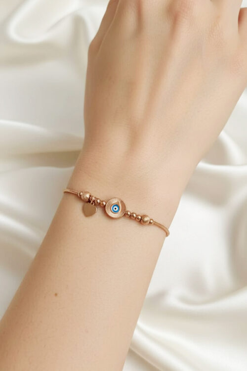 Elegant Anti-Tarnish Rose Gold Snake Chain Evil Eye & Heart Bracelet