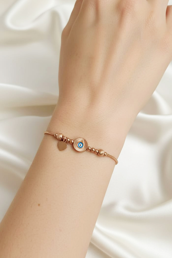 Elegant Anti-Tarnish Rose Gold Snake Chain Evil Eye & Heart Bracelet