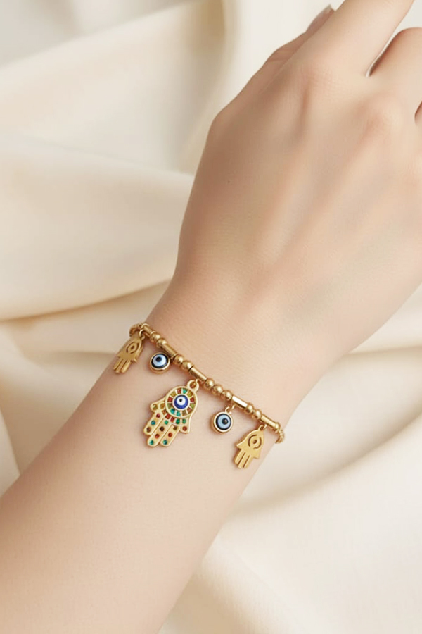 Chic Anti-Tarnish Gold Snake Chain Bracelet with Multi-Charm Hamsa & Evil Eye