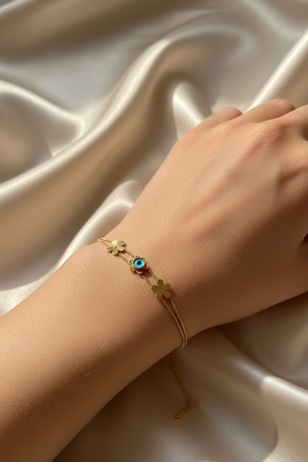 Delicate Anti-Tarnish Gold Double-Chain Bracelet with Clover & Evil Eye