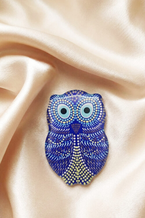 Artistic Blue Owl Evil Eye Fridge Magnet with Intricate Dot Design