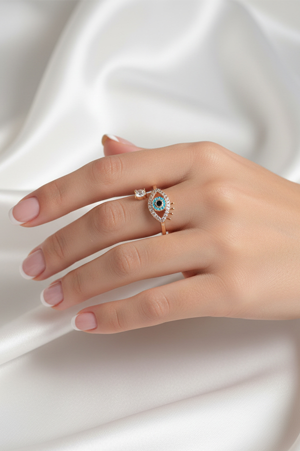 Gold Evil Eye Crystal Adjustable Ring – Dainty Protection Jewelry for Women
