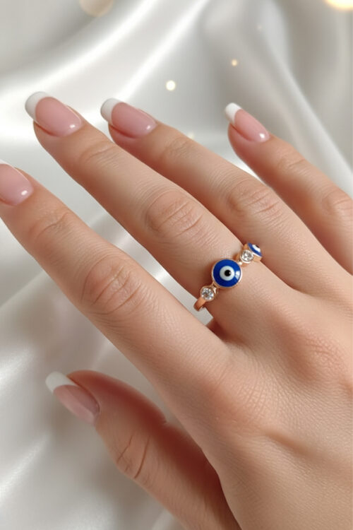 Triple Evil Eye Protection Ring – Blue Enamel & Crystal Accent Band