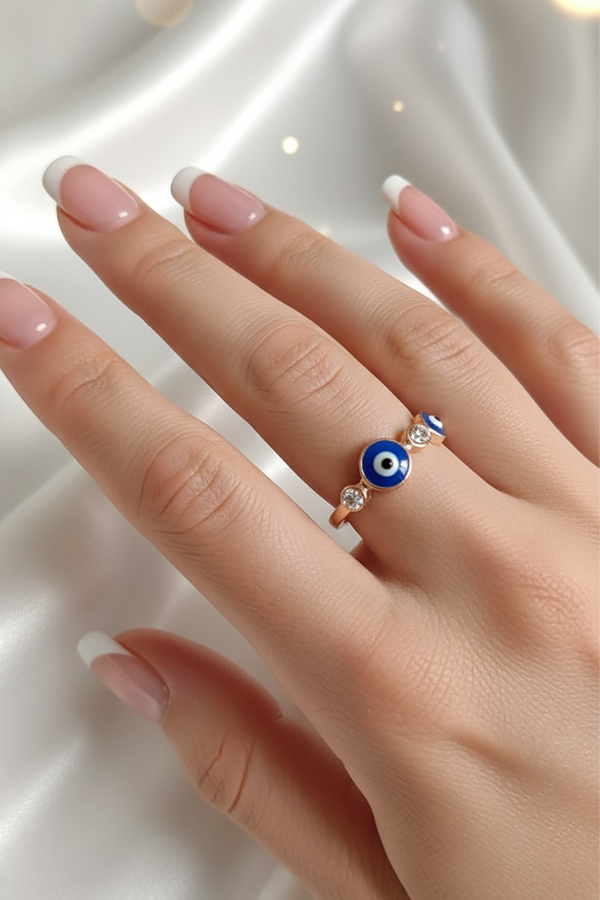 Triple Evil Eye Protection Ring – Blue Enamel & Crystal Accent Band