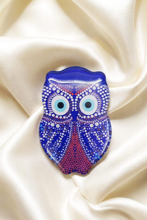 Vibrant Royal Blue Owl Evil Eye Fridge Magnet with Intricate Dot Art
