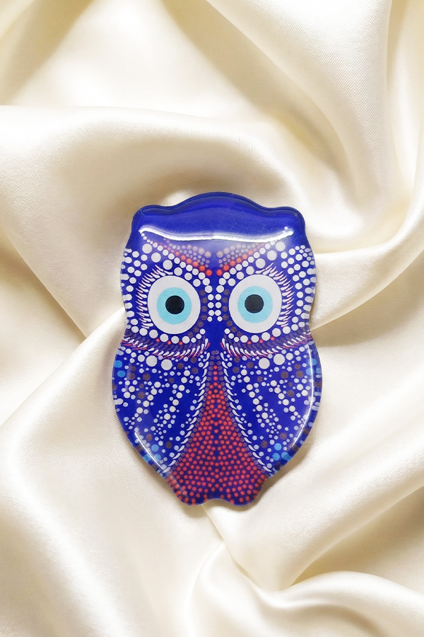 Vibrant Royal Blue Owl Evil Eye Fridge Magnet with Intricate Dot Art