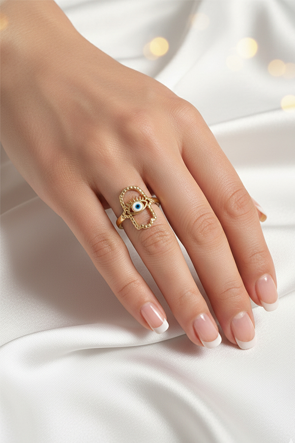 Golden Hamsa Evil Eye Ring – Adjustable Protective Charm