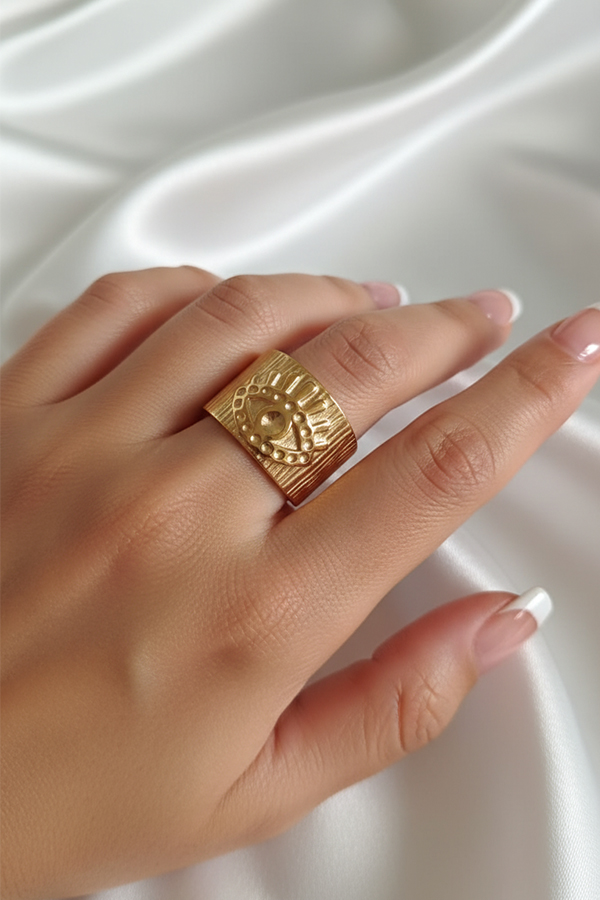 Golden Evil Eye Embossed Adjustable Ring – Statement Protection Jewelry