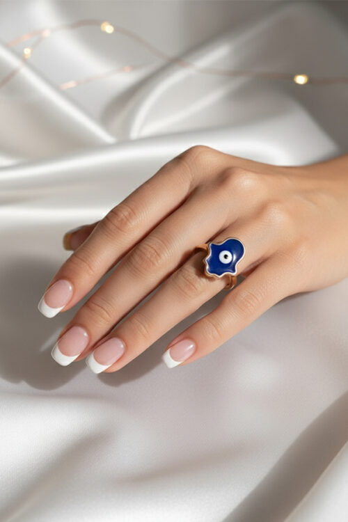 Blue Hamsa Evil Eye Ring – Golden Protection & Elegance