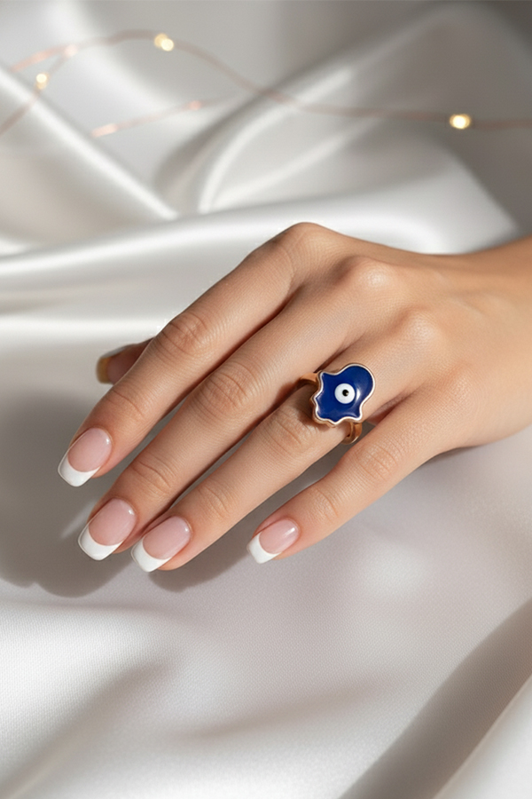 Blue Hamsa Evil Eye Ring – Golden Protection & Elegance