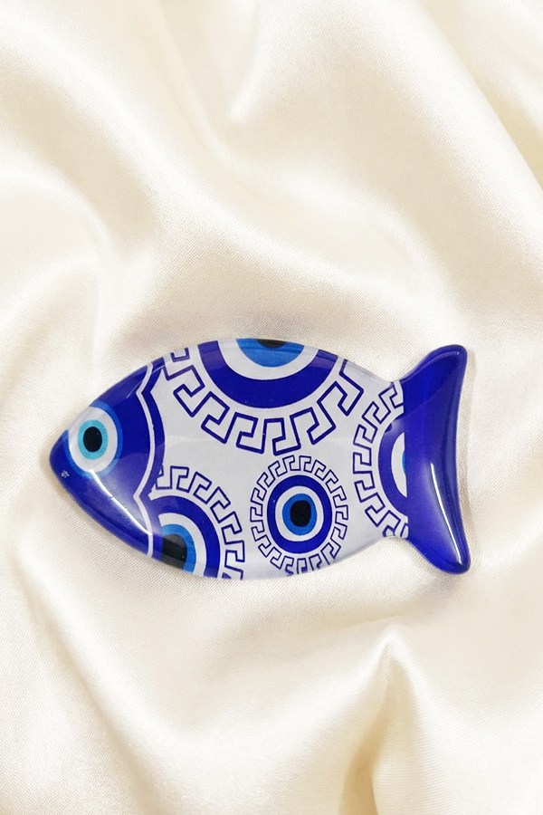 Blue Glass Fish Fridge Magnet with Greek Key & Evil Eye Pattern