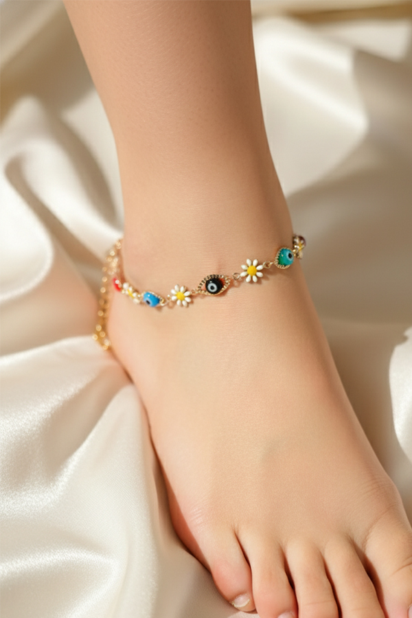 Charming Gold Daisy Chain Anklet with Multi-Colored Evil Eye Charms