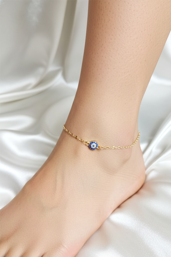 Delicate Gold Chain Anklet with Tiny Pave Evil Eye Charm