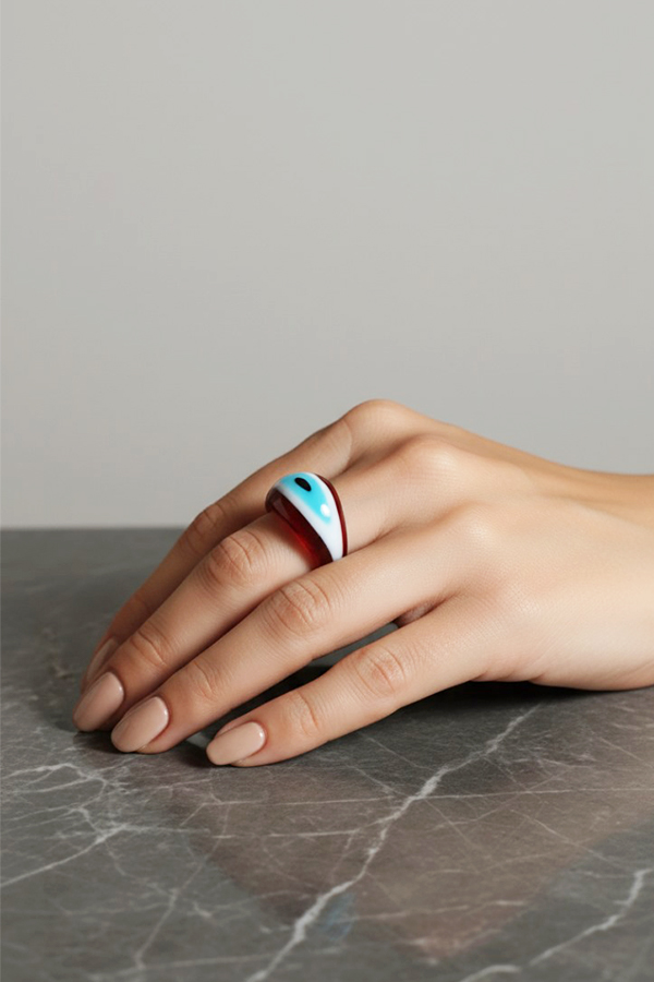Ruby Red & Sky Blue Resin Evil Eye Ring on Silky Satin