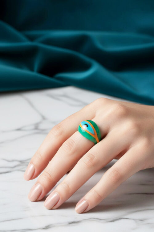 Tropical Green & Orange Evil Eye Resin Ring on Purple Satin